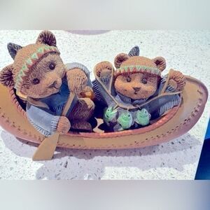 Teddy Bear Tales Thanksgiving Figurine, 2 Indian Bears In Canoe w/ Turkey